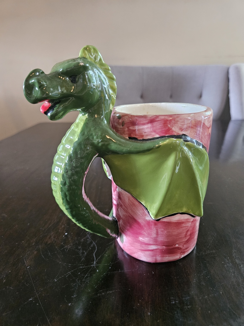 Hand-Painted Green Dragon Ceramic Mug with Pink Swirl Body